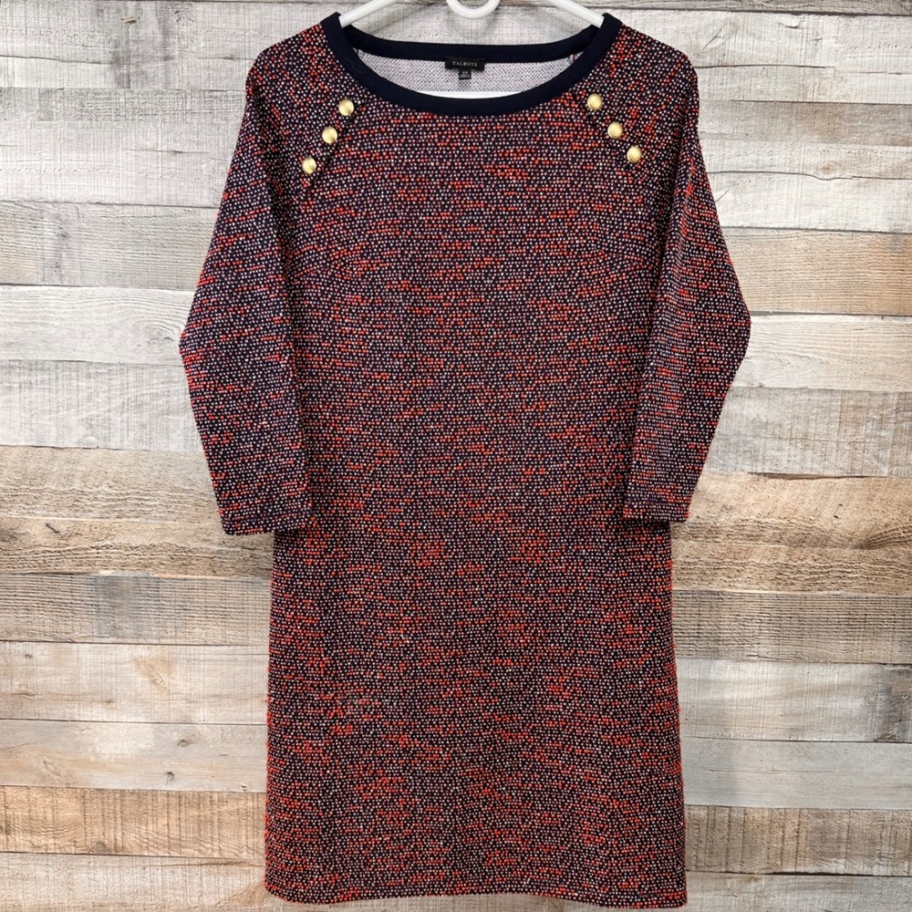 Talbots Womens Red Black White Navy Hearts Knit Shift Dress Gold Button XS